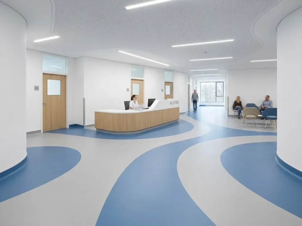 Imagen ilustrativa de una recepción hospitalaria con piso vinílico de color sólido, azul y gris, en formas curvas