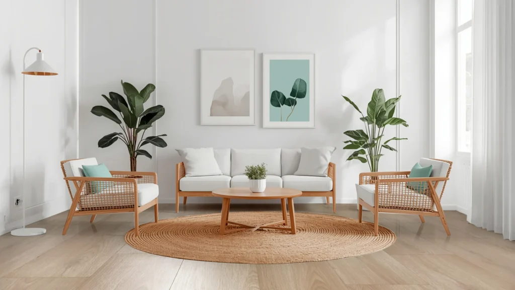 Sala luminosa con piso laminado Hydrocore Sauce, sofá blanco y sillas de madera