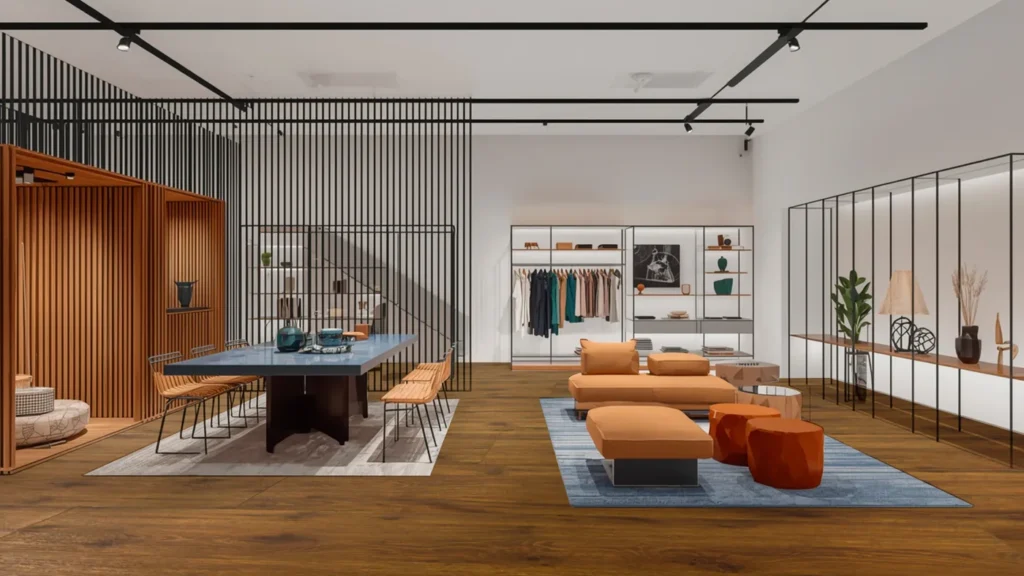 Tienda de ropa con piso laminado Hydrocore en tono madera